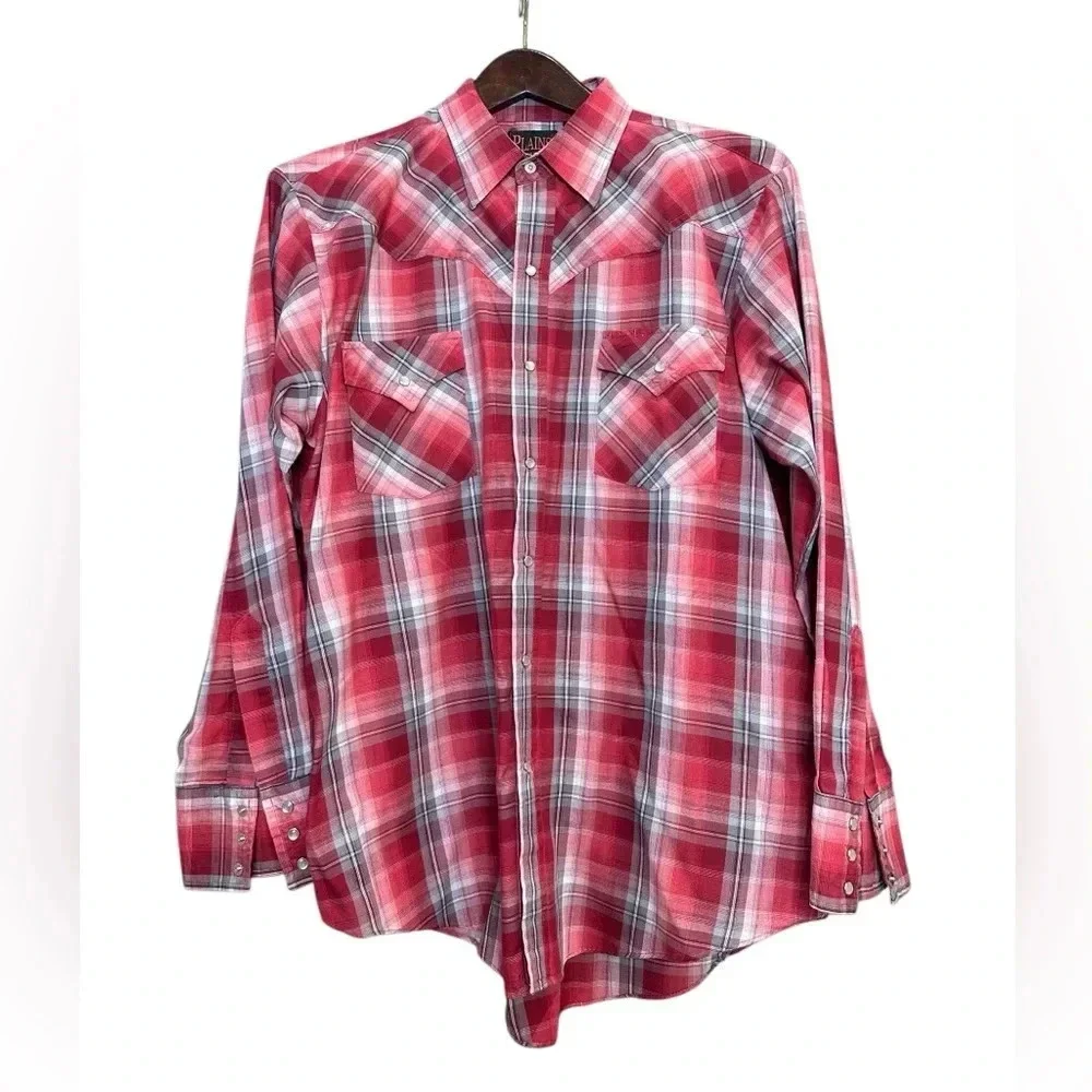 Plains Western Wear Long-Sleeve Red Plaid Size Large with Pearl Snaps